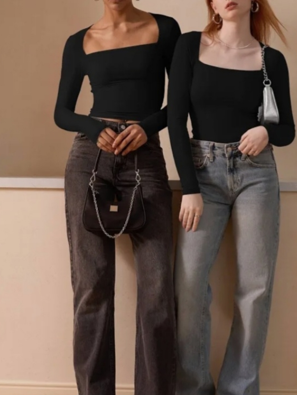 Reoria Black Long Sleeve Crop Top XL – Soft Stretch, Square Neck
